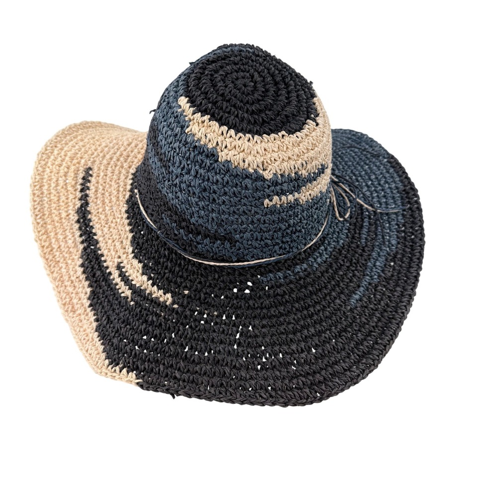 Tommy Bahama Womens Toyo Straw Crochet Wide Brim Sun‎ Hat Navy Cream Pineapple